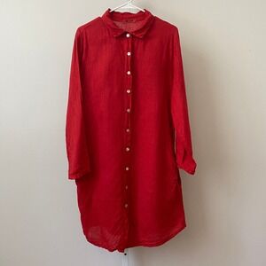Meo Meli Linen Lagenlook Boho Red ‎ Button Down Shirt Dress One Size Red